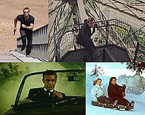 Daniel Craig running a staircase upwards, Roger Moore on the staircase of Eiffel Tower, Sean Connery driving a car, and Timothy Dalton alongside Maryam d'Abo sliding down a snowy hill in a cello case