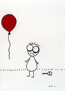 Scene from the film in which a child looks up at a red balloon.