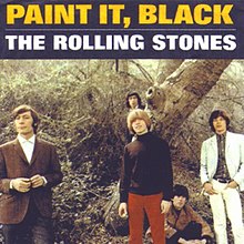 The band members are in a wooded area. From left to right (standing) are: Charlie Watts, Brian Jones, Bill Wyman and Mick Jagger. Sitting down behind and between Jones and Jagger is Keith Richards. The title of the song, "Paint It, Black", is in orange text with a black background on the top of the cover. Below a white horizontal line (still with the black background) is the band name, "The Rolling Stones", in white text.
