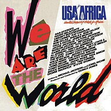 An album cover with "We Are the World" spelled out across the left and bottom in cut-and-paste-style. To the top right of the cover is "USA for Africa" in blue text, under which names are listed against a white background