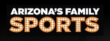 In a black box, from top left: The white lettering "Arizona's Family" in a sans serif. Beneath is the word SPORTS in orange trim with white dots.