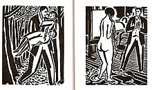 Two panels from wordless novel. On the left, a man carries a woman through the woods. On the right, a man looks at a nude in a studio.