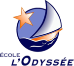 A logo design with a boat sailing on the sea with a large orange star shining beside it.