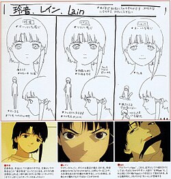 A series of drawings depicting the different personalities of Lain—the first shows shy body language, the second shows bolder body language, and the third grins in an unhinged fashion.