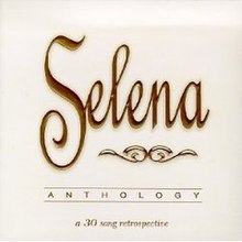 White album artwork of Anthology, a box-set by Selena written in a gold cursive font