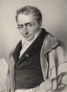 lithographe of white man, clean shaven with neat, short curly hair, bespectacled and holding music manuscripts