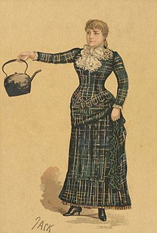 Young white woman in Victorian clothes, brandishing a kettle
