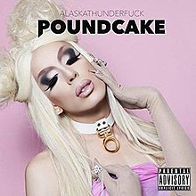 Photograph of a female-presenting individual with blonde hair and a necklace; one of her hands touches her face and the other touches her pink dress. The text "Alaska Thunderfuck" and "Poundcake" appear as well.