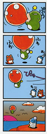 Sample comic strip from the Hebereke manga. The strip shows Jennifer inflating a Popoon like a balloon, only to lest lost by flying on to the sky.