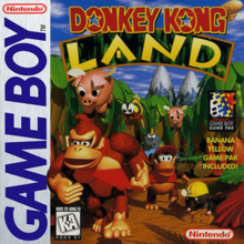 Donkey Kong, a brown gorilla wearing a tie, and Diddy Kong, a brown monkey wearing a red vest and cap, walk through the jungle towards the viewer. Above them are two flying pigs and a wasp, aside them a mole wearing a hard hat, and behind them a muscular crocodile. The words "DONKEY KONG LAND" appear above, and on the left side the "GAME BOY" banner appears from top to bottom.