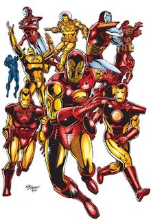 Several versions of Iron Man in a group; four wear red and gold armor, two wear red and silver armor, two wear all-gold armor, and one wears blue armor
