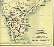 On a map of south India are shown the shifting boundaries of Mysore over time; these show it expanding from 1617 to 1704 and even more in 1782, but contracting somewhat in 1799.