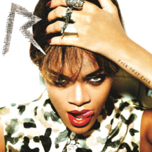 Rihanna with her left hand on her head and her tongue sticking out to her lips. The album's title is seen tattooed on her arm. An stylized "R" is seen on the top left, with various text on it forming the "R".