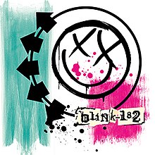 The Blink-182 logo in black on a white background smeared with blue and pink color.