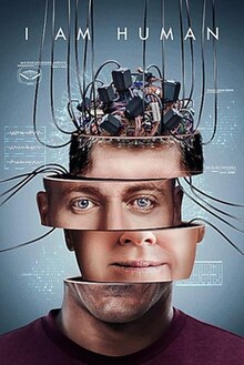 Image of a head split in five sections horizontally. The bottom four are human, and have wires stemming from them. The top section is a conglomeration of computer components in a vaguely brain shape. The text "I AM HUMAN" appears above the head. The background of the image has some technical sketches, with some words being legible, including "MICROELECTRODE ARRAY" and "60 ELECTRODES 5mm DEEP".