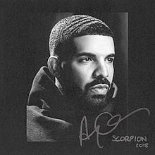 A black and white image of Drake wearing a hoodie with a handwritten signature (reading "AG") as well as handwritten text reading the album's title and release year.