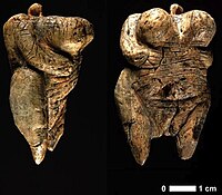 Two views of the Venus of Hohle Fels figurine, 40,000 BC–35,000 BC (6 cm (2.4 in) tall), one of the earliest known, undisputed examples of a depiction of a human being