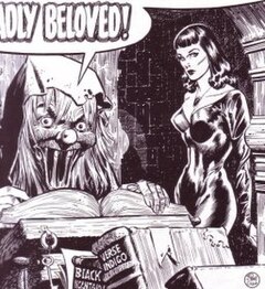 A black-and-white drawing of an old grinning man in a cloak hunched over an open book while a voluptuous woman with long dark hair looks on in an underground crypt-like room