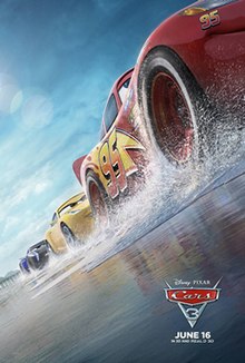 Lightning McQueen, Cruz Ramirez and Jackson Storm race along a beach. "Cars 3" is written in the bottom right corner, between the release date "June 16" on the bottom.