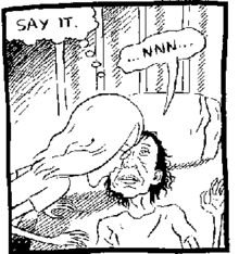 A black-and-white cartoon panel. A long-haired boy leans over the bed of a woman. In a thought balloon the boy thinks "Say it!" The woman groans "...NNN..."