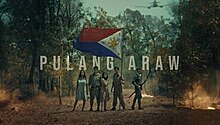 An image of Sanya Lopez, David Licauco, Barbie Forteza, Alden Richards and Dennis Trillo standing in the middle of a forest, with small fires on the ground and a jet in the sky, with Richards holding the Philippine flag. The series title is displayed on the center of the image.