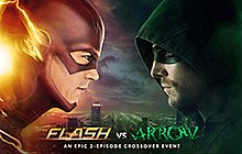 Grant Gustin as the Flash and Stephen Amell as the Arrow facing each other in profile.