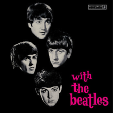 A black-and-white photograph of the Beatles' faces on a black background with the album title coloured in pink