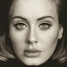 A monochrome closeup image of Adele's face