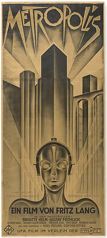 Poster of a robot standing in front of a futuristic urban skyline