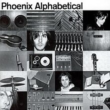 A black and white collage of images with musical instruments and band members of Phoenix.