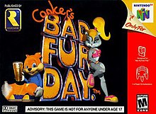 8/10ths of the cover consist of a black background. Imposed onto it is the text "Conker's Bad Fur Day" in the middle (with "Conker" in chalk form and "Bad Fur Day" in a comic 3D font), with an angsty brown squirrel in a blue shirt drinking beer and a gray anthropomorphic chipmunk with yellow ponytail hair in purple tights and a bra standing and sitting beside the text. On the top left is a blue 3D rectangle with a yellow stylish R and the text "Rareware" on it, with white text "Provided by" above the rectangle. Below the squirrel and the chipmunk is a horizontal white rectangle with black text in all caps: "ADVISORY: THIS GAME IS NOT FOR ANYONE UNDER 17". On the right is a tall, red rectangle with its top peeled to show a cubed, colorful N shape below text saying "Nintendo 64," both imposed onto a white box within a yellow background and next to a paper peel with the red text "Only on ↑" on it. Below the peeled graphic is white-lined symbols of a Rumble Pak and an Nintendo 64 controller, with white text below each indicating the name of the object, and a square mostly made up by a slanted, bolded black "M" letter, with the text "ESRB" below it.
