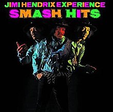 Three photos of Hendrix in colorful clothing with the album title above him