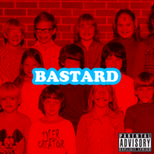 A red photo of a group of children in three rows, some with distorted faces, stood in front of a brick wall. One at the bottom is wearing a shirt that says "TYLER CREATOR".