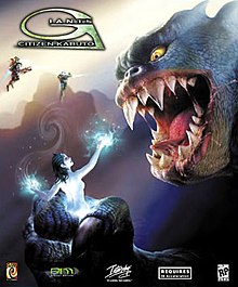 The face of a large, blue-scaled, humanoid creature looms at the right. Its jaws are open, exposing large sharp fangs, and its yellow eyes are focused on its hand, which is clutching a naked female humanoid. She has shoulder-length hair and light blue skin. Energy glows off her hands. At the top left below the Giants: Citizen Kabuto logo are two armoured humanoids, flying with the aid of jetpacks and shooting their guns.