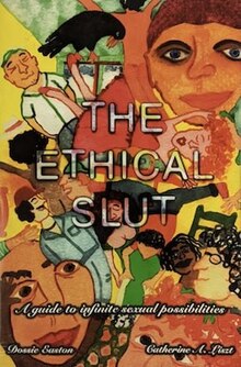A book cover with bright watercolor illustrations of various people and faces. It says "The Ethical Slut: A Guide to Infinite Sexual Possibilities". The authors' names are given as Dossie Easton and Catherine A. Lizst.