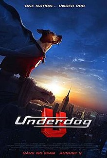 A beagle named wearing a blue cape and a red sweater. The beagle is standing on a rooftop with a cityscape in the background.