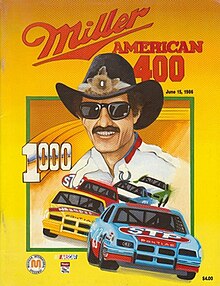 The 1986 Miller American 400 program cover, featuring Richard Petty. Petty made his thousandth career NASCAR Winston Cup Series start during the race.