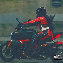 Cover art of the "Kill Bill" remix: SZA on a travelling motorcycle, wearing a black and red jumpsuit