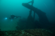 A scuba diver swims near a submerged ship's stern area.