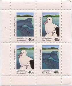 Stamps issued in 1981 by Aramoana to raise funds for the anti-smelter campaign. The design was based on the painting "Puketotara, Twice Shy" by New Zealand regionalist artist, Don Binney.