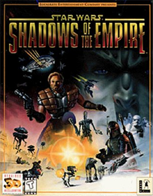 Star Wars: Shadows of the Empire cover art. The title is the top quarter of the image, and the rest is a montage of characters spread across the bottom. The game's protagonist, Dash Rendar, is prominently featured.
