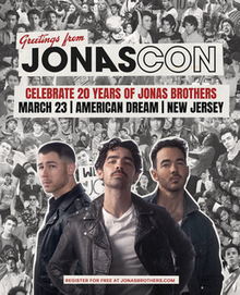 The image depicts the Jonas Brothers (from left: Nick, Joe and Kevin) staring at the camera. The background is a collage of old pictures of the band, in black and white. At the center top is written "Greeting from JONASCON", "Celebrate 20 years of Jonas Brothers" and "March 23