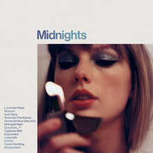 Digital artwork of "Midnights", a white background with a square image of Taylor Swift holding a lighter. The track list is displayed on the bottom left of the image.