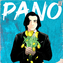 The cover art for "Pano": An illustration of a man holding a bouquet of yellow tulips.