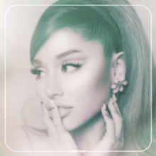 A monochrome portrait of Ariana Grande touching her face, looking to her right. The image consists only of white and blue green hues, framed by a white border with rounded corners. At the bottom of the picture stands the album title "POSITIONS", printed in white letters.