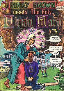 A comic book cover. The Virgin Mary stands over a kneeling boy who covers his groin with his hands.