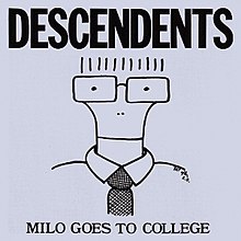 A grey album cover has the band name "Descendents" in large, bold, capital letters across the top. Across the bottom, in smaller capital letters, is the title "Milo Goes to College". In the center of the cover is a line drawing caricature of singer Milo Aukerman, illustrated from the shoulders up wearing a collared shirt and tie. His neck is slender and curves out as it heads upward, ending at the rims of a pair of rectangular glasses. The top of his head is not drawn, but his hair is represented by a series of short vertical lines above the glasses. His eyes and nostrils are represented by small black dots, and his mouth by a horizontal line drawn across the neck.