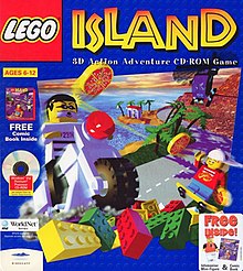 An image of a tropical island featuring buildings and foliage constructed from Lego bricks, within a blue pattern frame of Lego stubs. On the right, Pepper Roni, a hat-wearing Lego minifigure on a skateboard, throws a pizza at the head of The Brickster, a Lego minifigure wearing a prison uniform and riding a Lego motorcycle, on the left. A pile of Lego bricks is displayed at the bottom of the box. The game's logo, "Lego Island", is positioned at the top, with "3D Action Adventure CD-ROM Game" in white text underneath the big mostly yellow "Island". Several company logos and included offers are listed along the sides.