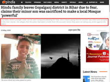 Screenshot of OpIndia's 10 May article, "Hindu family leaves Gopalganj district in Bihar due to fear, claims their minor son was sacrificed to make a local Mosque 'powerful'"