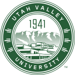 The seal of Utah Valley University, with a representation of the main campus and Mount Timpanogos behind it